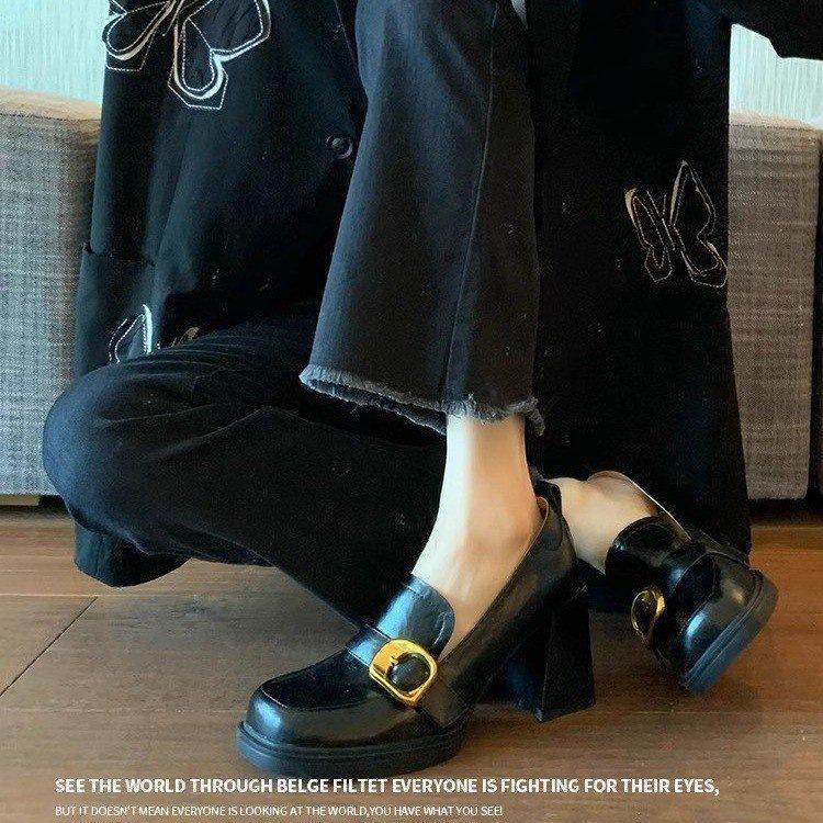 Autumn British style jk small leather shoes new retro casual thick heel high heel single shoes