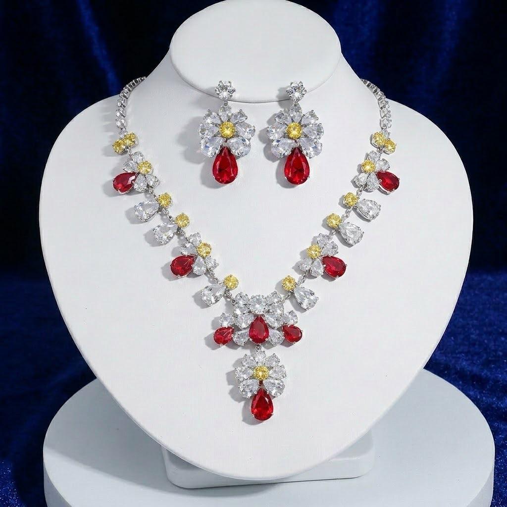 European and American Style Colorful Zircon Plum Blossom Necklace and Earrings Set