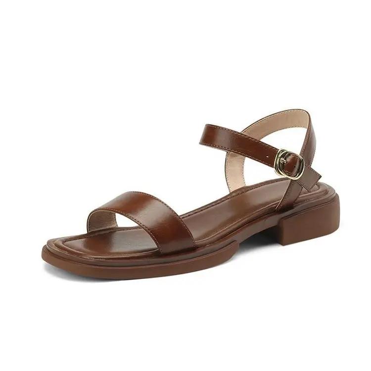 Fashion Summer Women Sandals Low Heels Basic Genuine Leather Office Ladies Casual Outdoor Shoes Woman Concise 2025