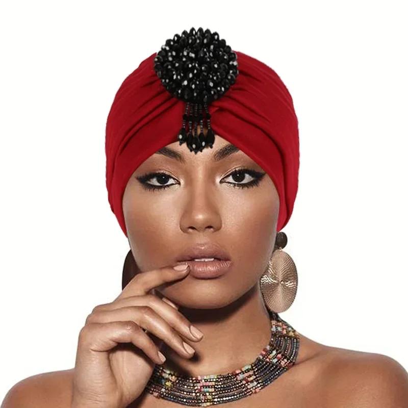 Indian Women Chemo Cap Muslim Diamonds Hijab Pleated Turban Wrap Headscarf Beanies Hair Loss Bonnet Hat Femme Turbante Mujer New