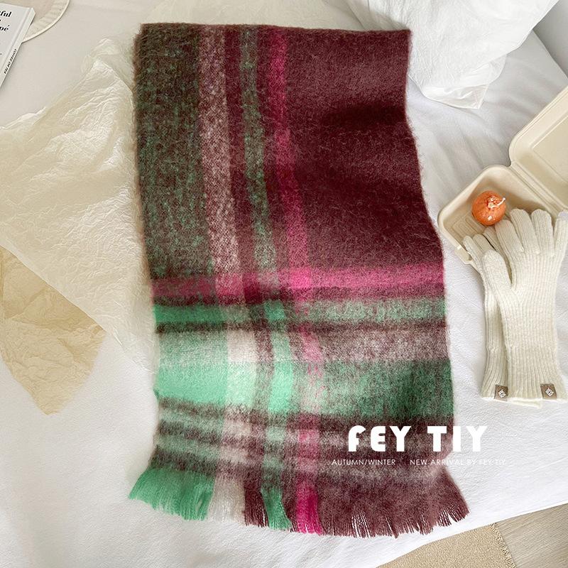 Fresh Mohair Plaid Scarf Women's Autumn and Winter Sweet Thickened Shawl Winter Warm Student Scarf Dual Use
