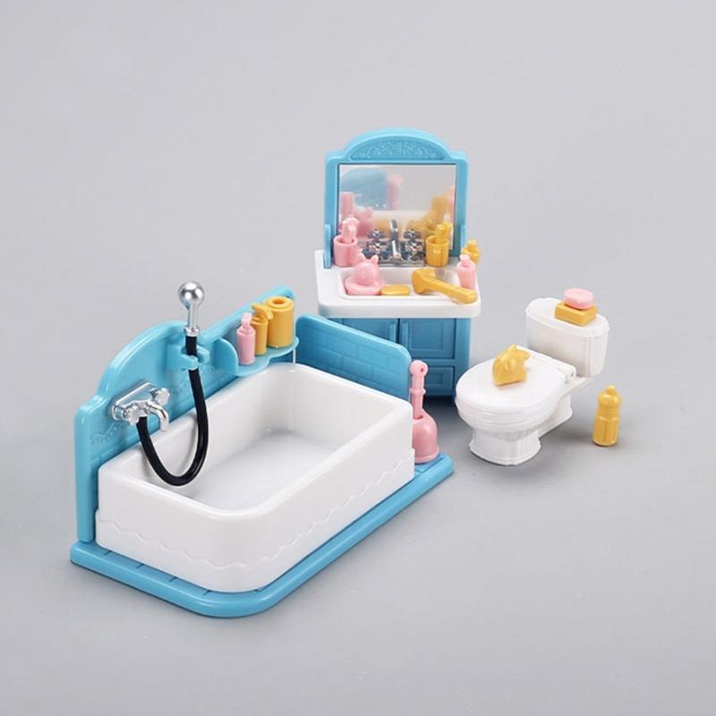 1:12 Scale Mini Bathroom Furniture Toy Set Includes Blue Sink Bathtub And Toilet For Dollhouses Decors