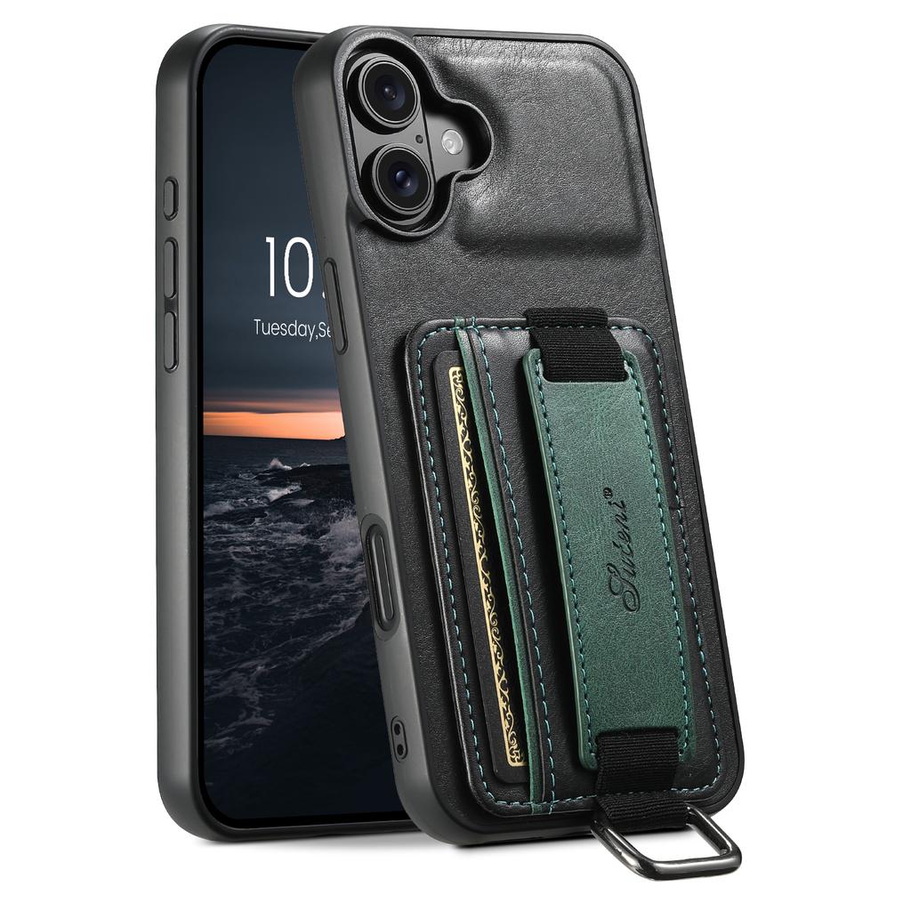 SUTENI H13 For iPhone 16 Case Card Holder Wristband Waxy Texture Leather+TPU+PC Cover