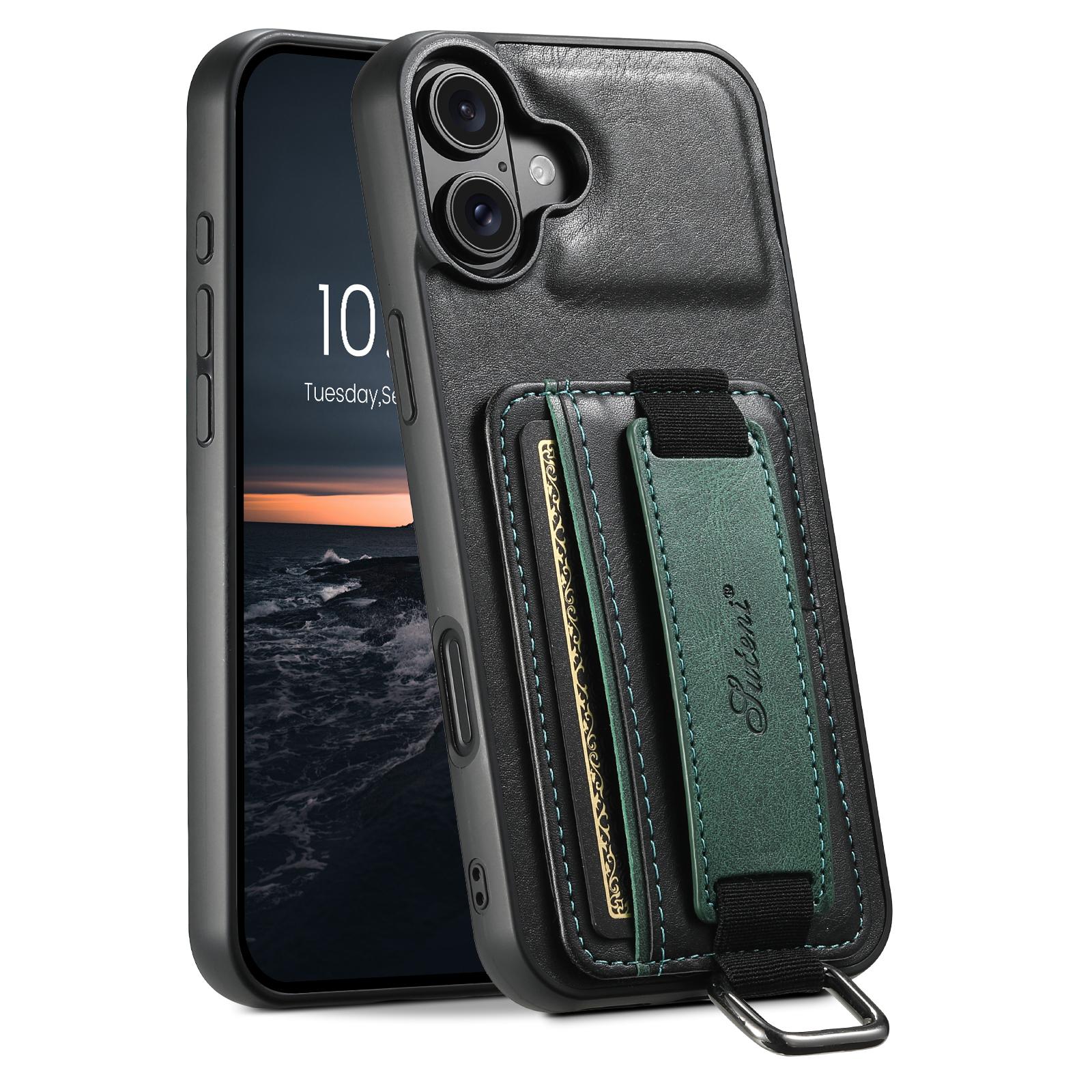 

SUTENI H13 For iPhone 16 Case Card Holder Wristband Waxy Texture Leather+TPU+PC Cover C