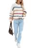 2026 Spring/Autumn Off-White Striped Chunky Knit Sweater with Loose Sleeves - Women's Casual Round Neck Knitwear