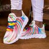 Women's Casual Sneakers - Low-Top Breathable Fabric Lace-Up Shoes with Rainbow Stripe Accents
