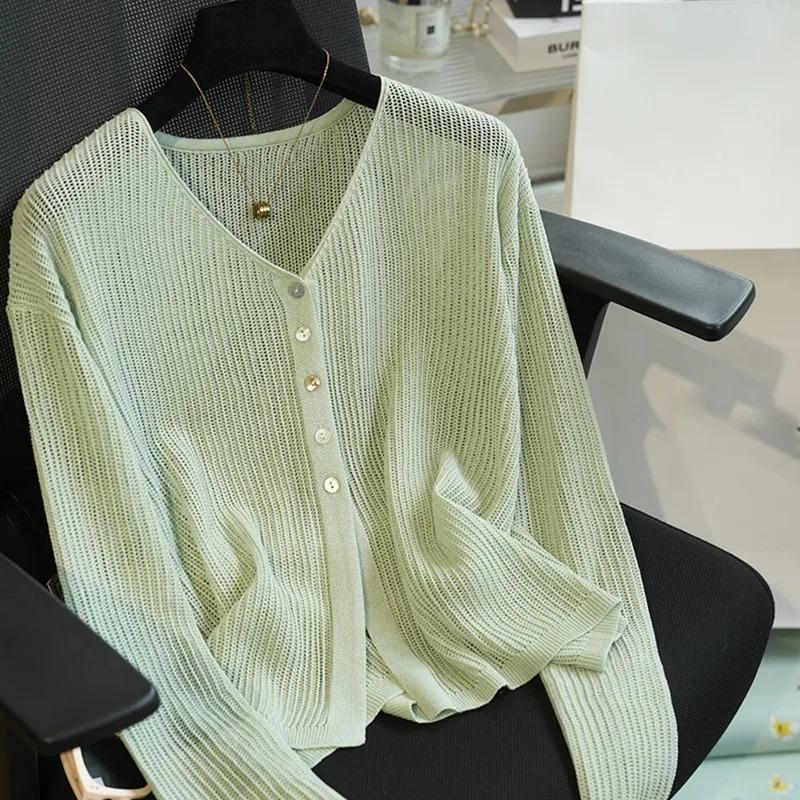 

Women Spring Green V Neck Button Down Open Knit Cardigan M зелёный