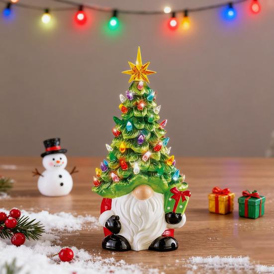 Lighted Christmas Gnome Tree 6" Resin Faceless Old Man Christmas Tree with Multicolored Lights