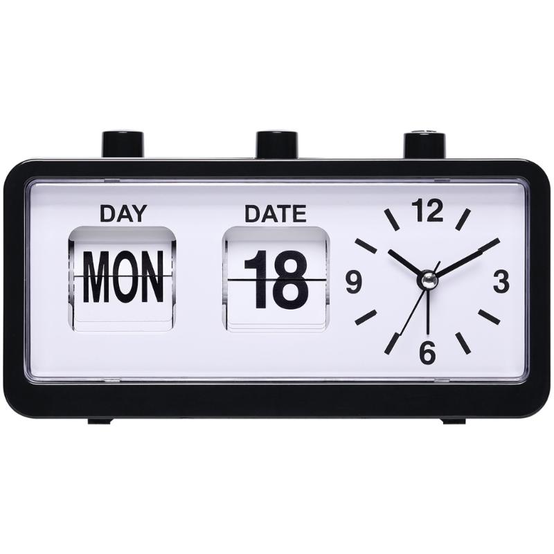 Classical Retro Mechanical Alarm Clock with Manual Flipped Calendar Date Day Time Display for Living Room or Office