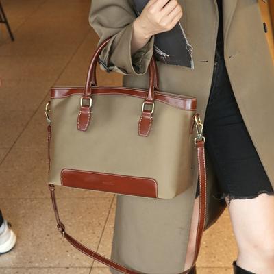 Genuine Leather for Work Commute Niche Women's Canvas Handbag with Color Contrast Top Layer Cowhide Premium High Capacity Tote Bag