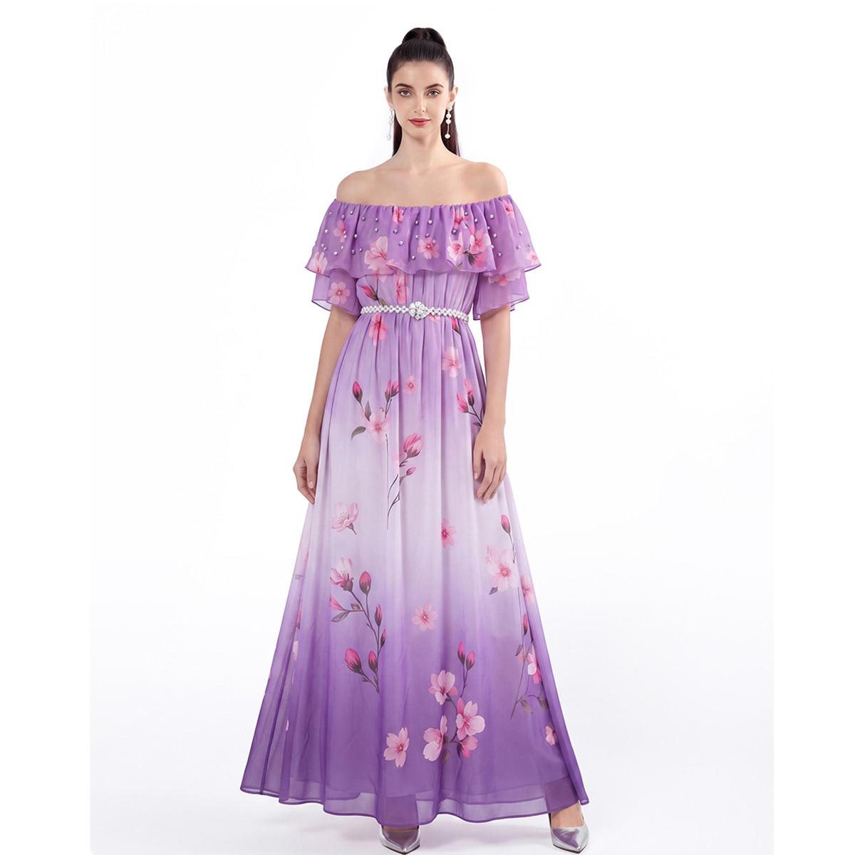 

2026 Summer Holiday Beach Chiffon Dress Women s Ruffles Off Shoulder Short Sleeve Floral Print High Waist A-Line Big Swing Vacation Dress M фиолетовый