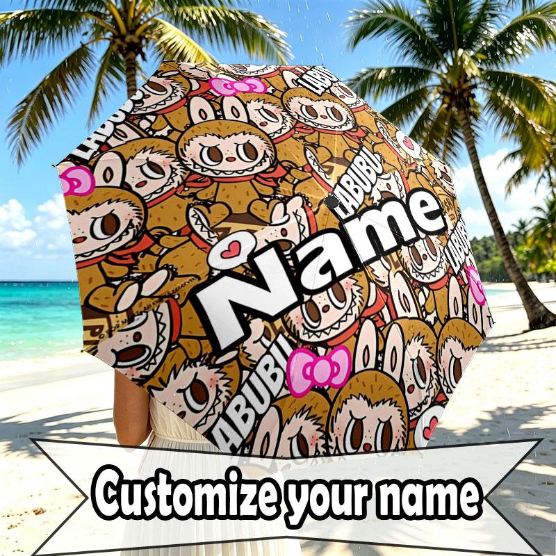 Custom Name Personalized Labubu Print Umbrella, Auto Open Close, 8‑Rib Sturdy Frame, Commute Camping Hiking Use, Birthday Gift