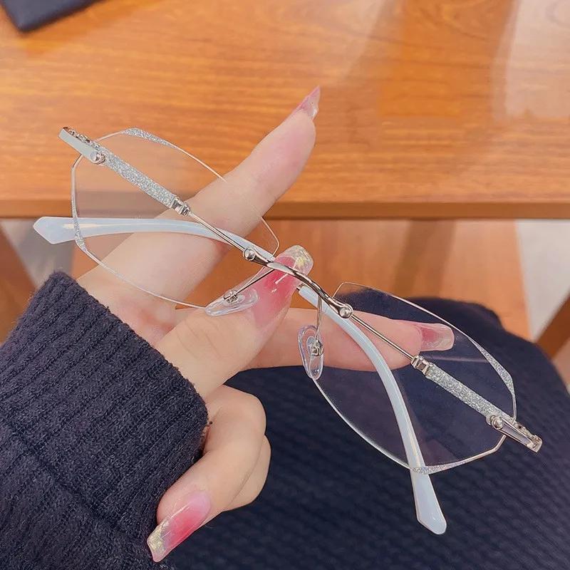 Randlose Myopiebrille für Damen, quadratisch, diamantgeschliffen, Korrekturbrille, Blaulichtfilterbrille, Minus-Dioptrien-Brille