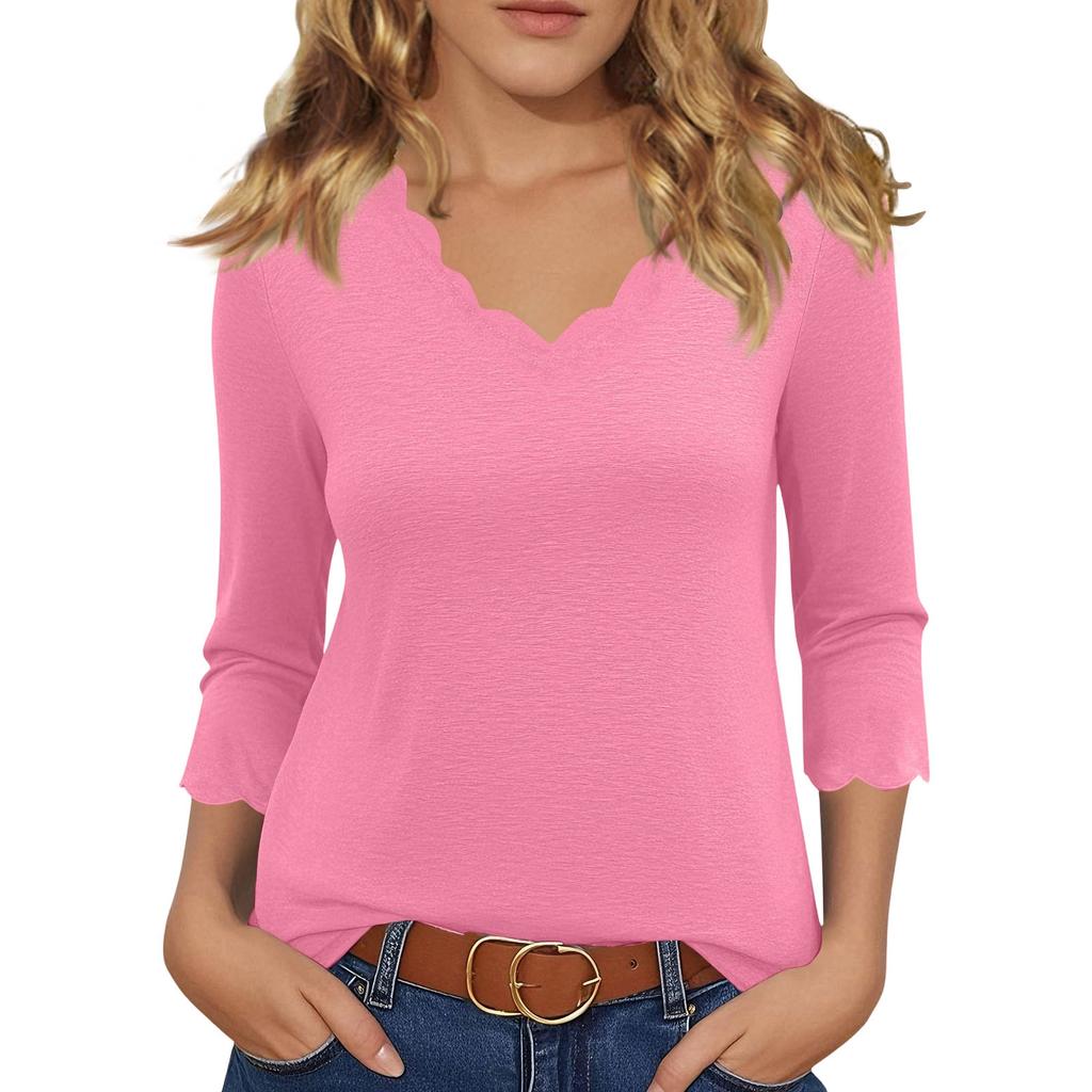 Women’s Casual Loose Fit Top with Scalloped V Neck and Decorative Scalloped Cuffs Three Quarter Sleeve Pullover Shirt