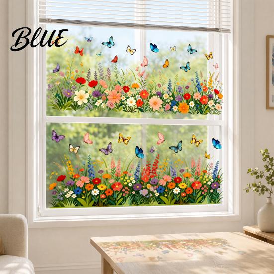 Beschädigungsfreier Glasaufkleber Bunte Blume Schmetterling Fensterfolie Wasserdicht PVC Statischer Aufkleber Abnehmbar Ohne Klebstoff für Haus Schlafzimmer Küche Dekoration