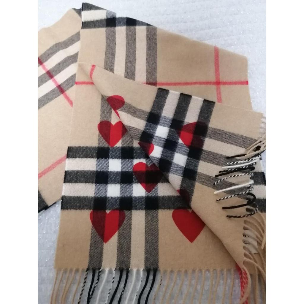 Used [Unused] BURBERRY Scarf Stole Muffler Shawl 100% Cashmere Camel & Red Heart Reversible