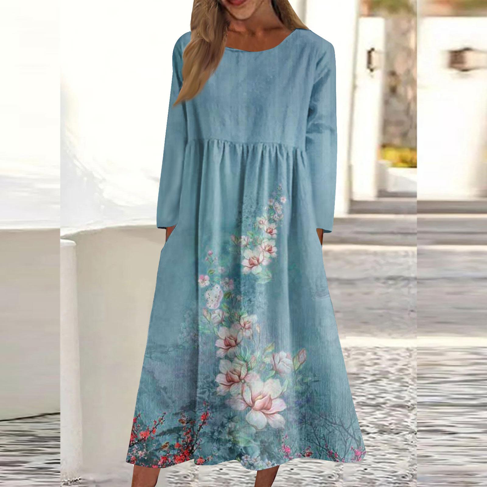 Женское повседневное платье средней длины с круглым вырезом и принтом — фото 11