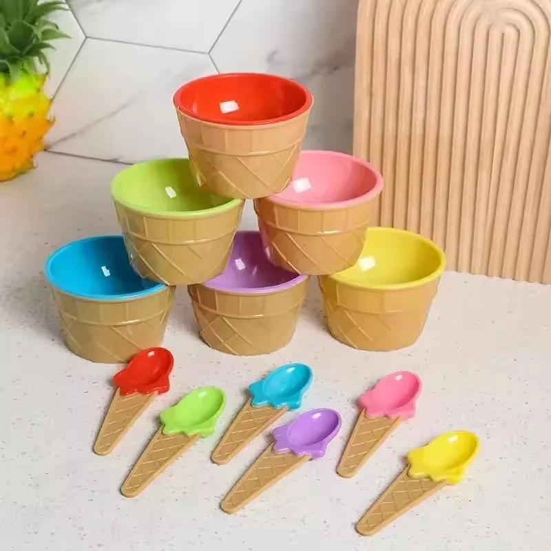 

1/7pcs Vibrant Color Ice Cream Bowls with Spoons Dessert Sundae Dishes Set for Birthday Holiday Party Ice Cream Favor Gift Decor зелений