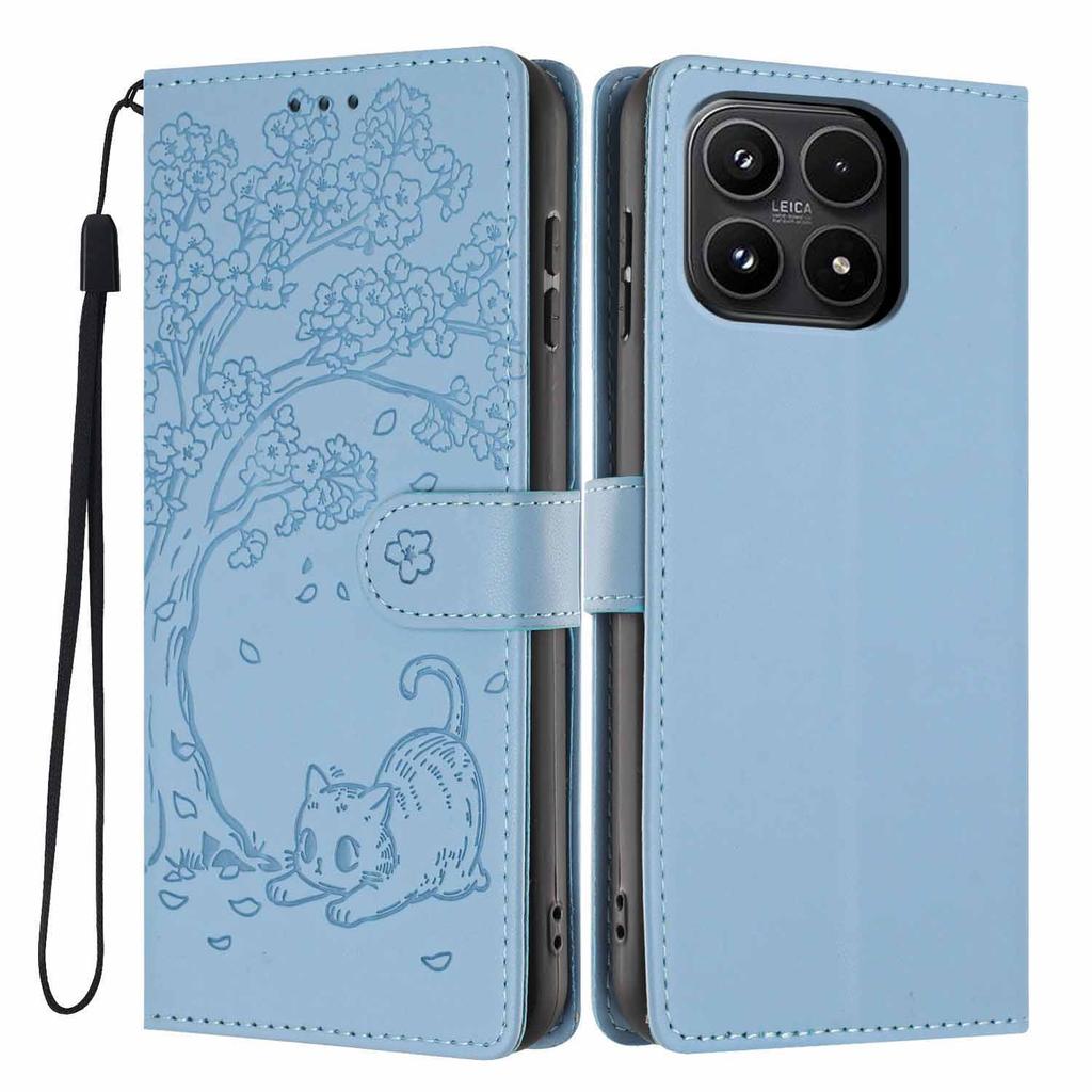 For Xiaomi 17 Stand Case Tree-and-Cat Pattern PU Leather Wallet Protective Phone Cover with Wrist Strap