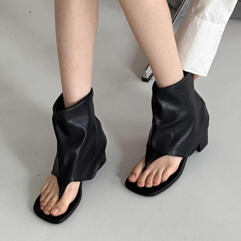 2025 Summer New Thick Heel Trousers Toe Sandals Ins Sleeve Toe Short Boots French Temperament Cool Boots Women