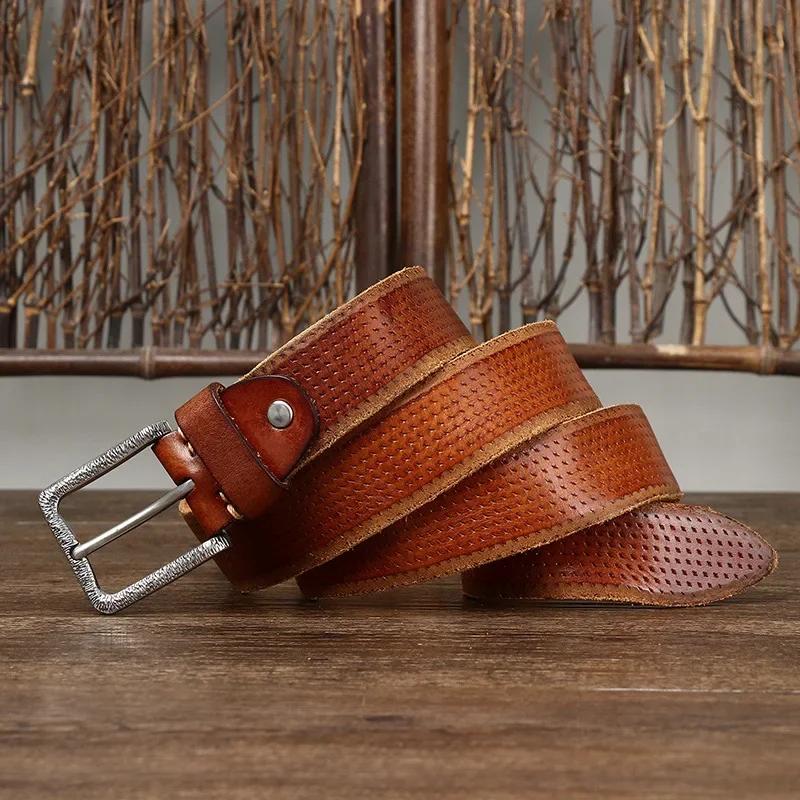 3.8CM Pure Cowhide High Quality Genuine Leather Belts for Men Brand Strap Male Stainless Steel Buckle Fancy Vintage Jeans Cowboy