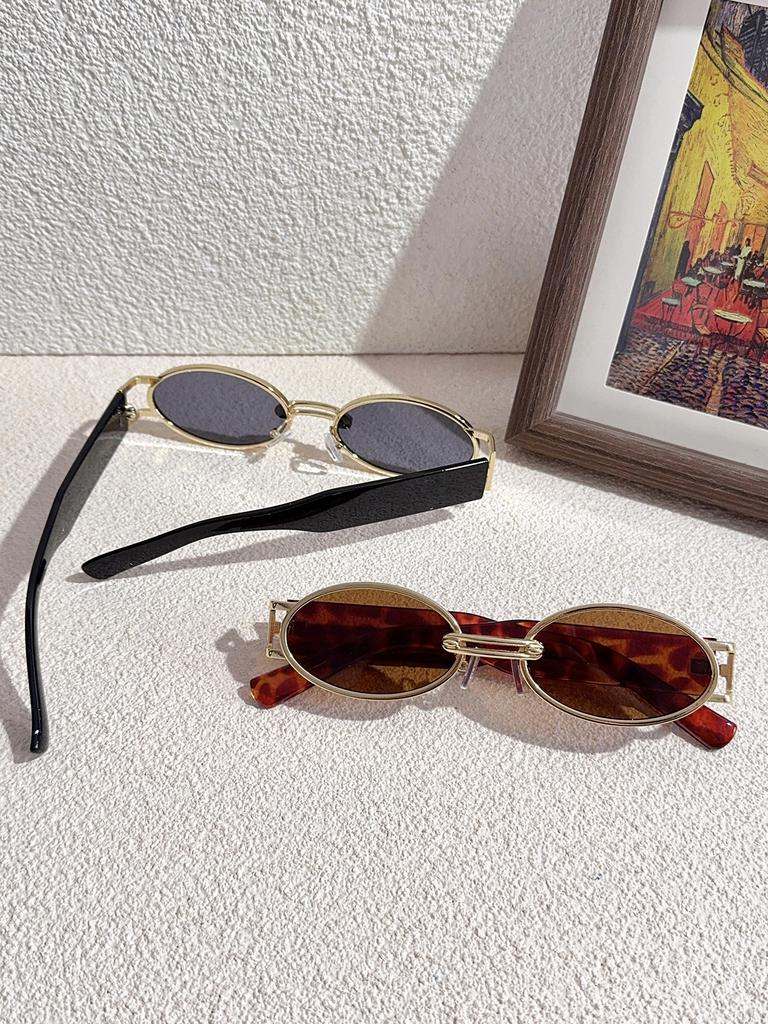 2Pcs Fashionable Oval Metal Frame Glasses Set with Exquisite Metal Design, Exudes Elegant Elegant, Unisex, Perfect for Party