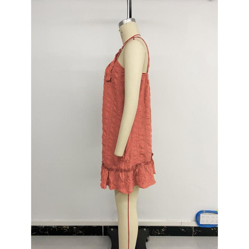 Casual Suspender Solid Color Texture Pleated Ruffled Dress