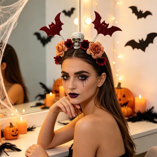 Decorative Cloth Headbands for Events Halloween Flower Skeleton Bat Headband, Gothic Floral Skull Hair Bands, Spooky Stylish Bands Accessory,