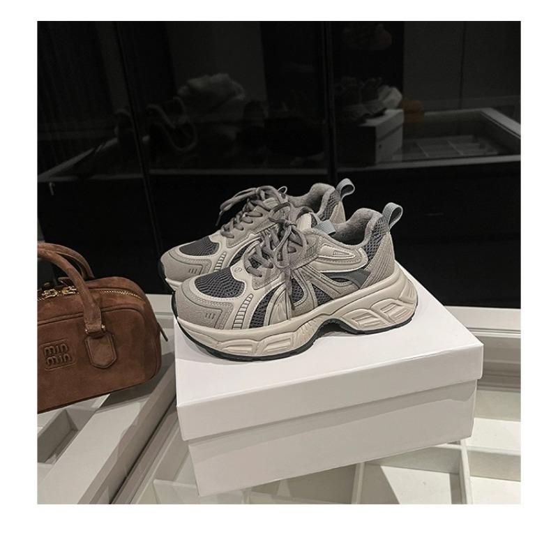 Cowhide version~ leather platform dad shoes women's autumn leather mesh retro versatile casual sports shoes