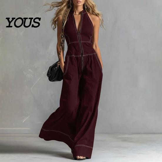 Polyester Jumpsuit Damen Ärmelloser Jumpsuit, Reißverschluss Stehkragen Weiter Bein Alle Größen Hosen Strampler, Lässige Sommer Einteiler Outfits mit Taschen