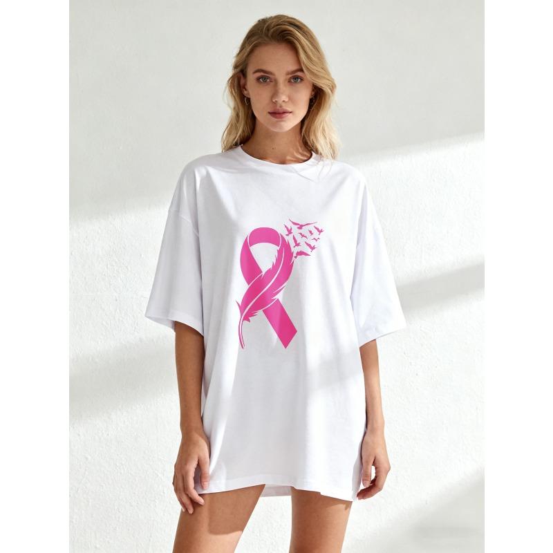 

Черная футболка оверсайз с розовой лентой и принтом перьев для осведомленности о раке груди, повседневная одежда XXXXL