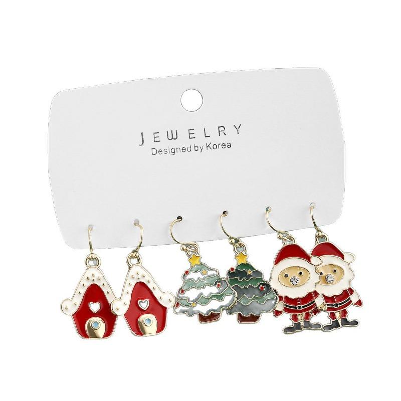 Christmas Series Snow House Christmas Tree Pair Earrings Combination Set Cartoon Oil Drip Santa