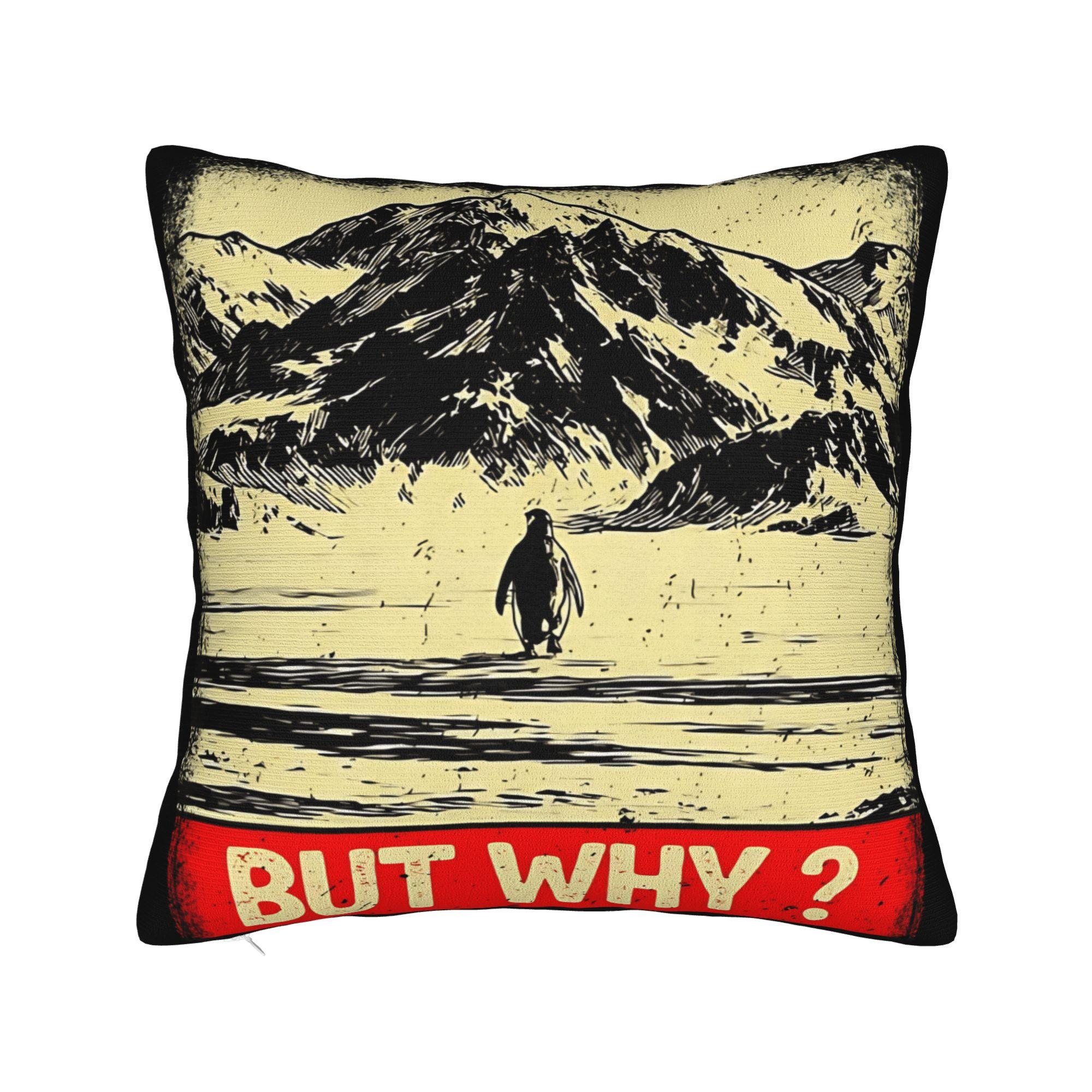 Pillow Cover Penguin But Why Heading For Mountains Meme Vintage Pillow Case For Sofa Bedroom Home Decor Pillowcases Peach skin 18*18(CM)-1Pcs