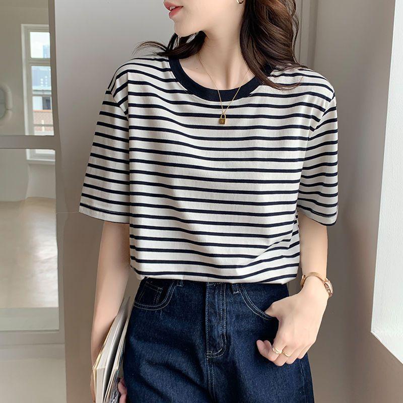 Women's Crew Neck Short Sleeve T-Shirt Loose Striped Print Commuter Style Summer Casual Top