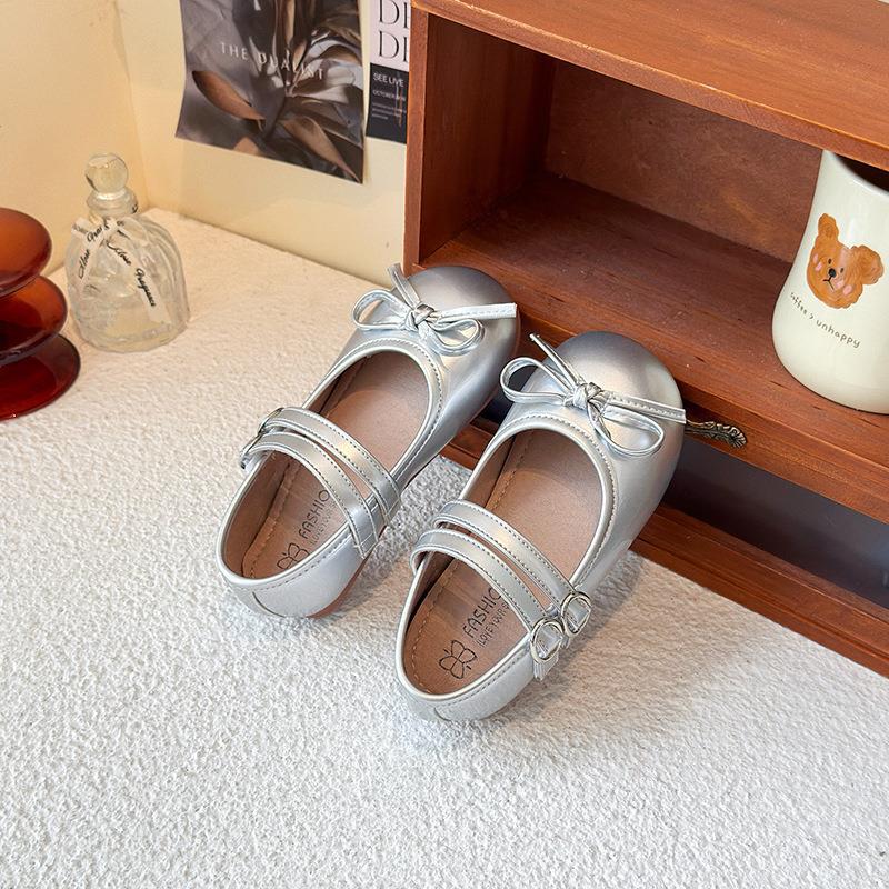 Girls' Silver Mary Jane Leather Shoes - Sweet Flat Soft Sole Children's Style