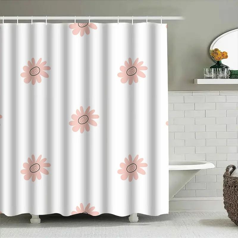 Modern Flower Print Shower Curtain Waterproof Bath Decoration For Home Decor White Floral Pattern 180X245Cm (Pink)