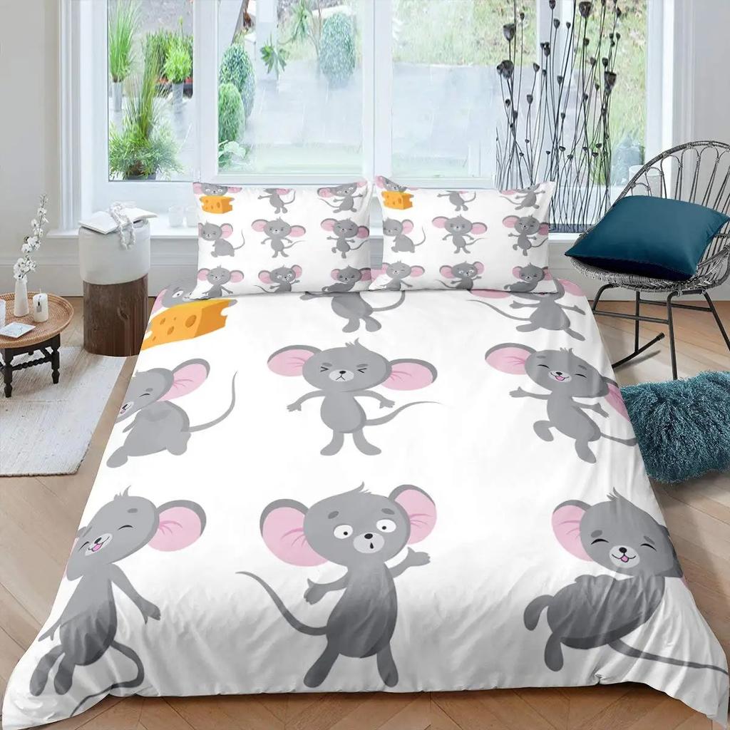 2025 Cartoon Rat King Queen Bedding Set Mouse Rodents Duvet Cover Funny Animal Love Heart Comforter Cover Polyester Quilt Cover