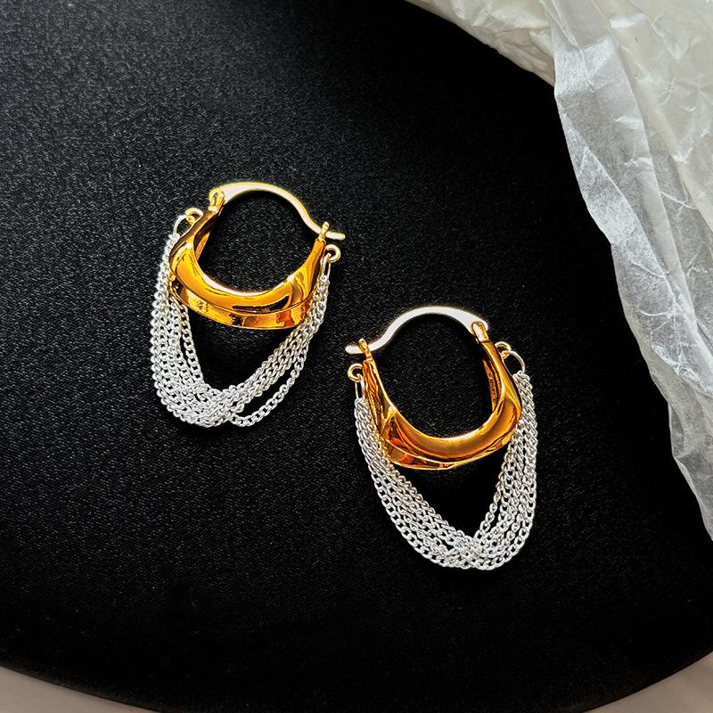 Light Luxury Tassel Chain Vintage Earrings for Women , Gold and Silver Color Contrast Temperament Retro Daily Wear Accessories