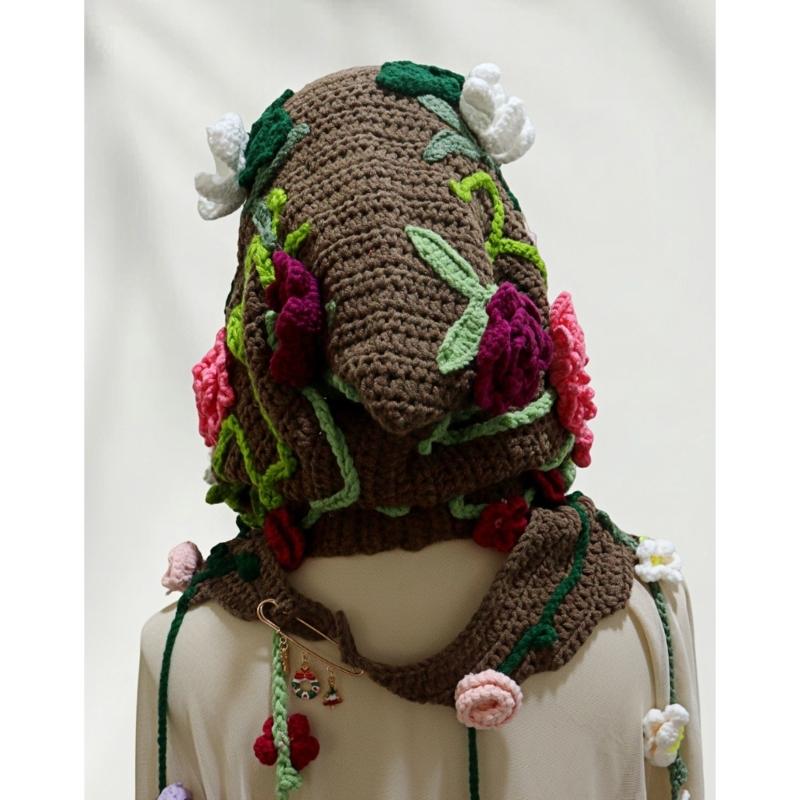 Bohemian Hooded Capelet Hat Comfortable Crochet Design Fringe Headwear with Floral Detailing Soft Winter Wear Gear