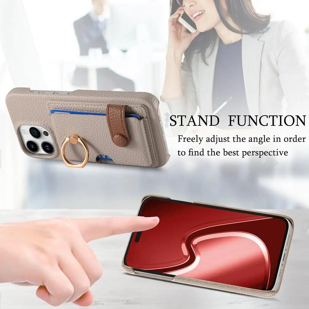 Leather Ring Support Phone Case for IPhone 16E 16 15 14 13 12 11 Pro Max X XR 7 8 Plus Wallet with Card Holder Shockproof Cover