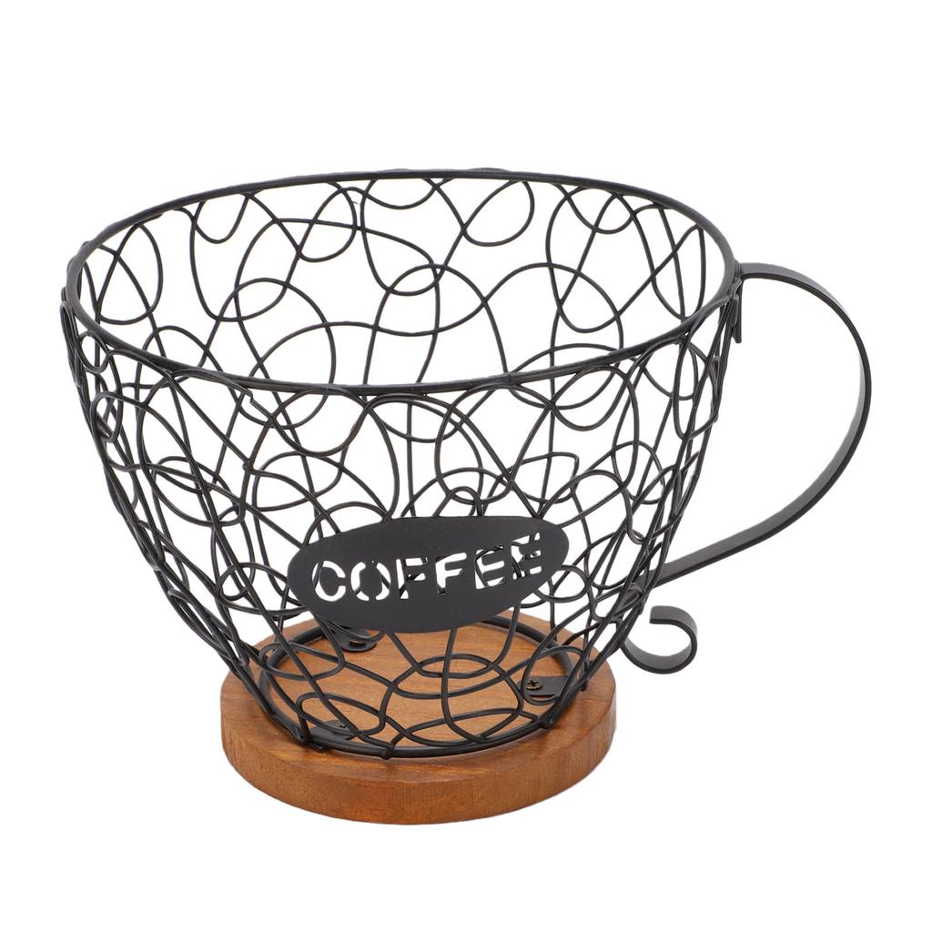 Coffee Pod Holder   Metal Coffee Capsule Storage Basket with Wood Base for Kitchen Countertop