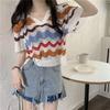 Korean Polo Collar Wave Stripe Knitted Shirt for Women Summer Loose Hollow Hoodie Short Sleeve Bottom Top