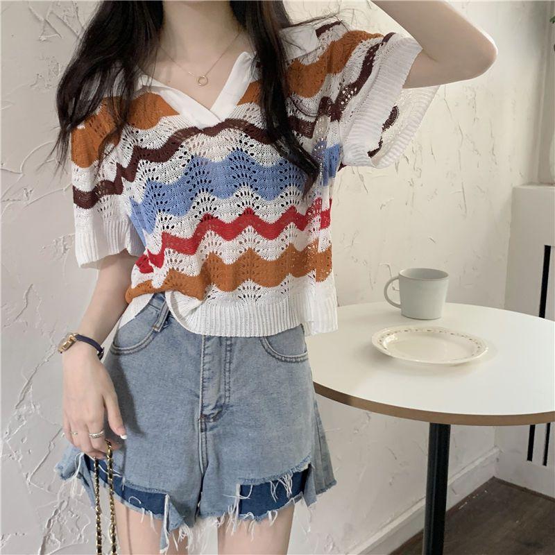 Korean Polo Collar Wave Stripe Knitted Shirt for Women Summer Loose Hollow Hoodie Short Sleeve Bottom Top