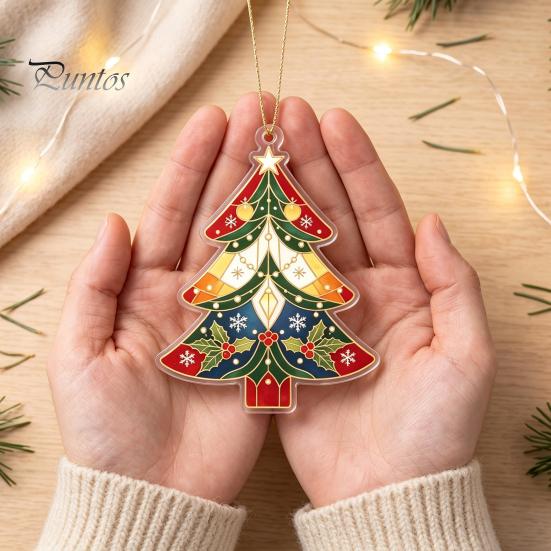 Artistic Window Display Accessory 2D Flat Acrylic Christmas Tree Ornament, Vintage Stained Ornament Glass Style Hanging Pendant, Festive Holiday Decor