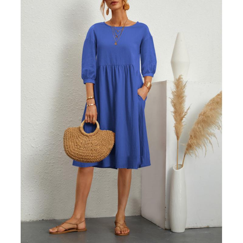 Women Solid Color Cotton Linen Midi Dress Round Neck 3/4 Puff Sleeve Loose Casual Sundress With Pockets Summer Vacation Beach Dress