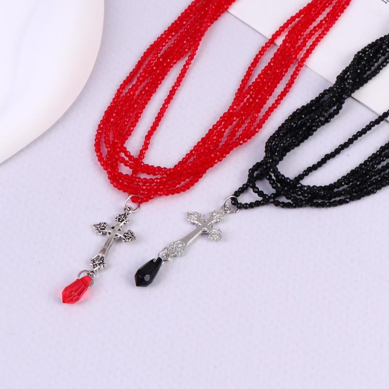 Y2K Gothic Cross Pendant Necklace For Women Red/Black Blood Drop Seed Beads Choker Vintage Halloween Girl Neck Jewelry Gift