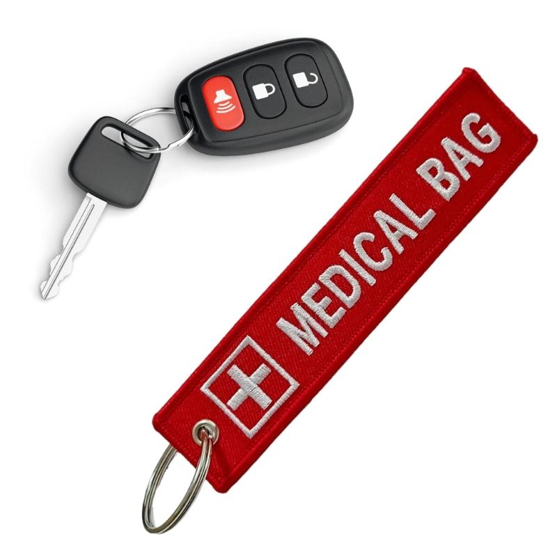 2Pcs Red White Embroidered Component Device Compact Keychain Luggage Identifier With Detachable Metal Ring For Emergency Supplies