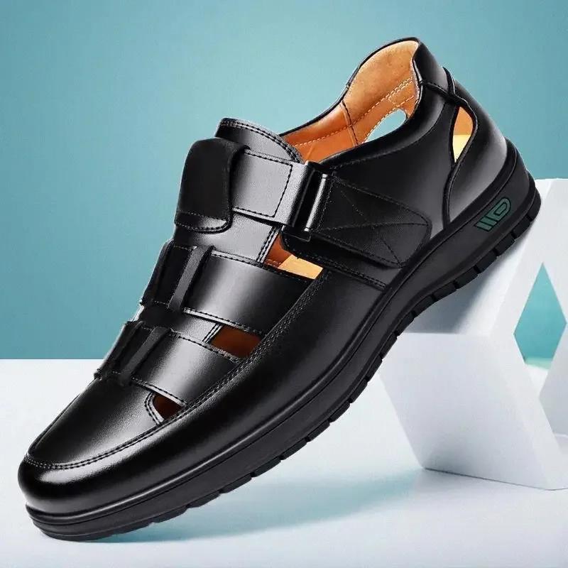 Fashion Genuine Leather Men Shoes Summer Shoes Hollow Out Breathable Sandals Non-slip Flats Soft Bottom Handmade Tide Design Footwear