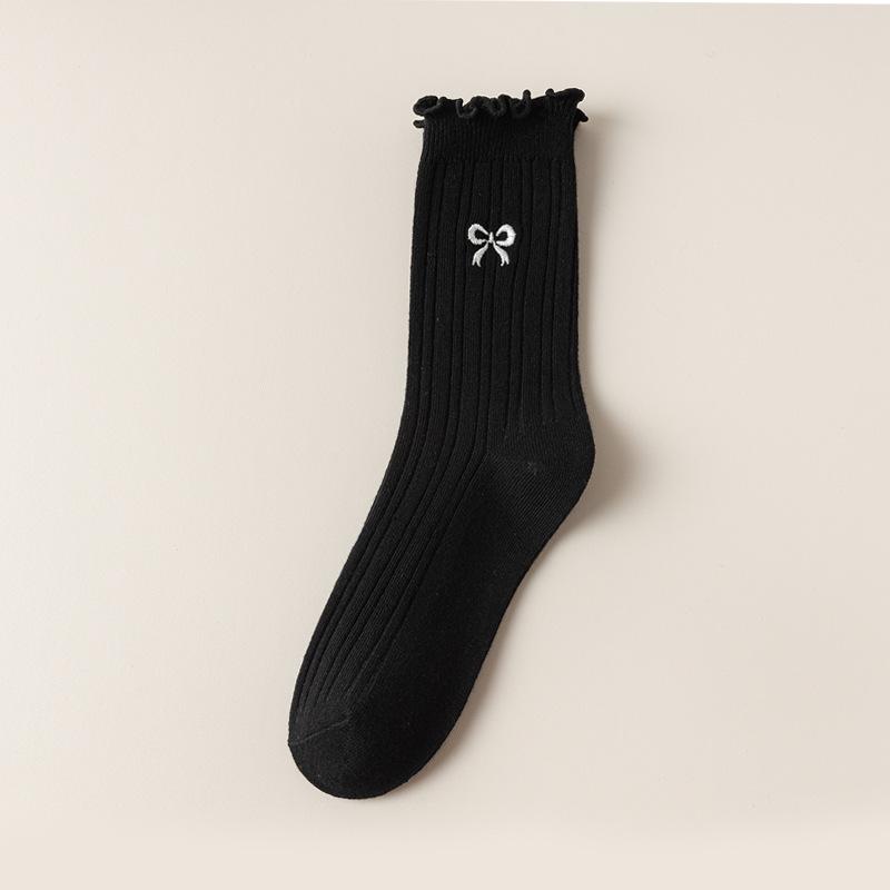 Female Spring and Autumn Embroidery Bow Wooden Ear Edge Boneless Drum Pile Pile Cotton Socks