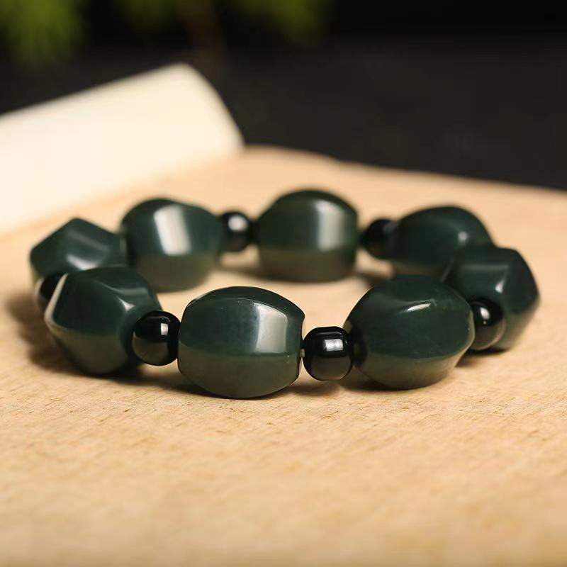Natural Hetian Jade Bracelet, Green Black Obsidian Gemstone Beads, Faceted Prism Shape Crystal Stone Handmade Jewelry for Men Women